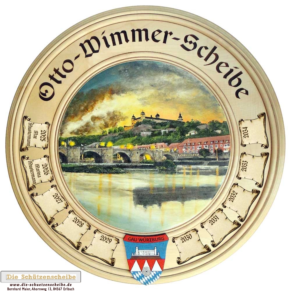 Ehrenscheibe des Schützengaus Würzburg mit Stadtmotiv der Alten Mainbrücke und der Festung Marienberg.