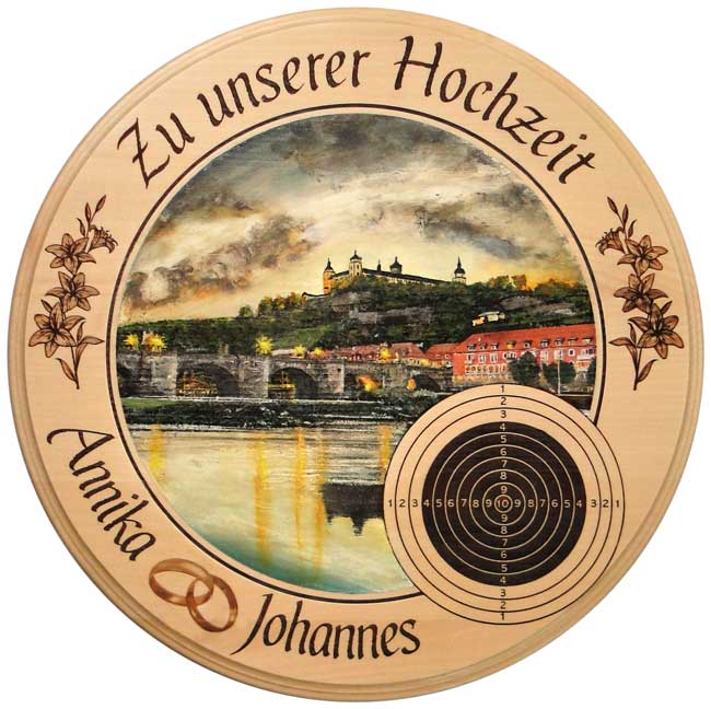 Hochzeitsscheibe mit der Alten Mainbrücke in Würzburg Hochzeitsscheibe mit der Alten Mainbrücke in Würzburg